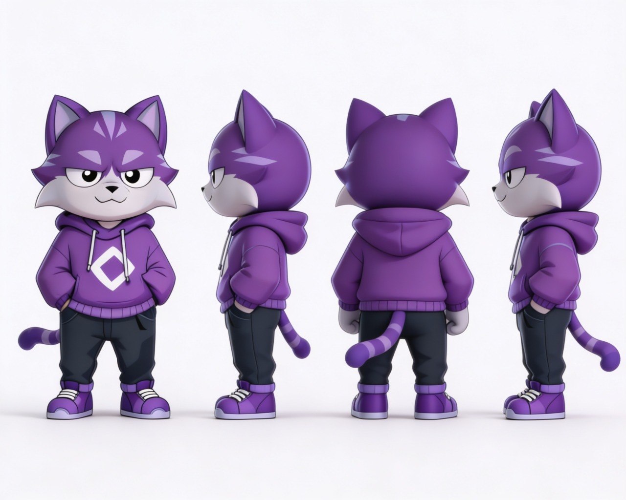 Monshi character turnaround sheet — front, side, back poses