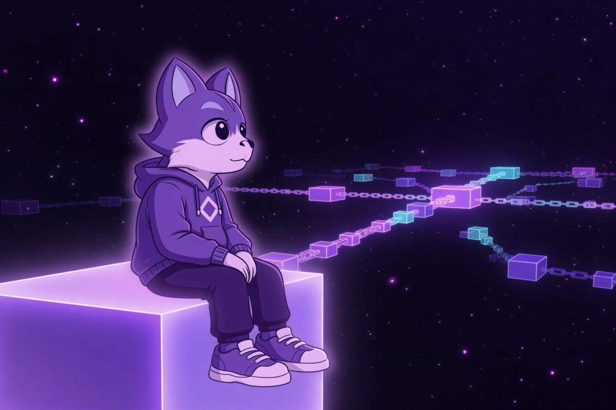 Monshi alone on the Monad chain — sitting on a glowing block, watching the blocks tick into the void. First, fastest, alone.