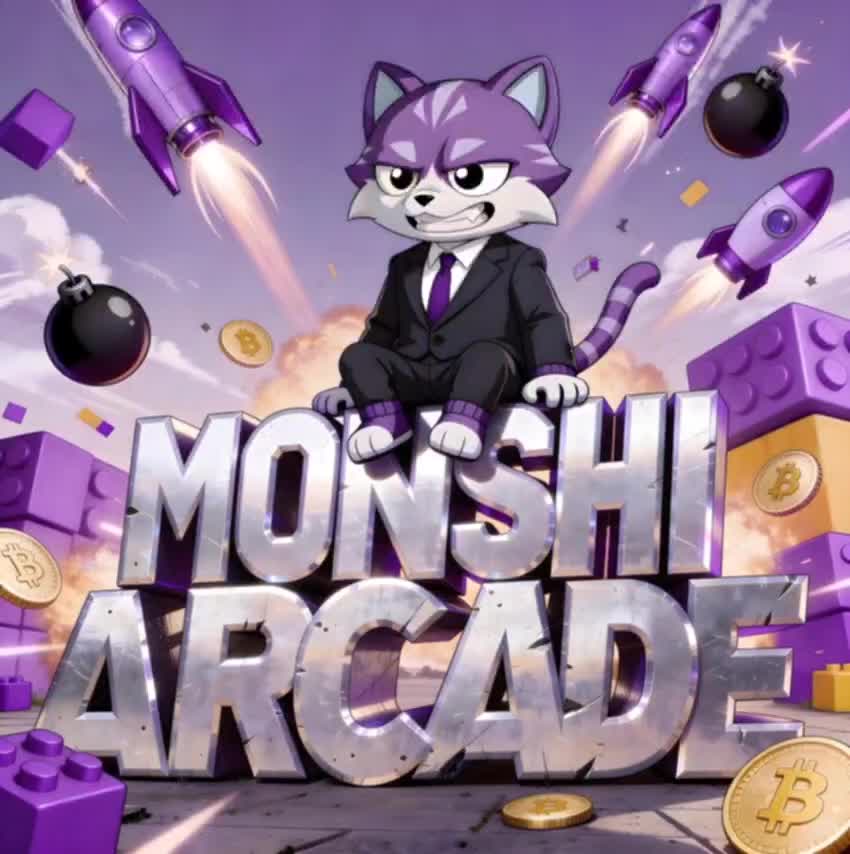 Monshi Arcade hero — explosive arcade scene with rockets and Monshi character on top of MONSHI ARCADE letters