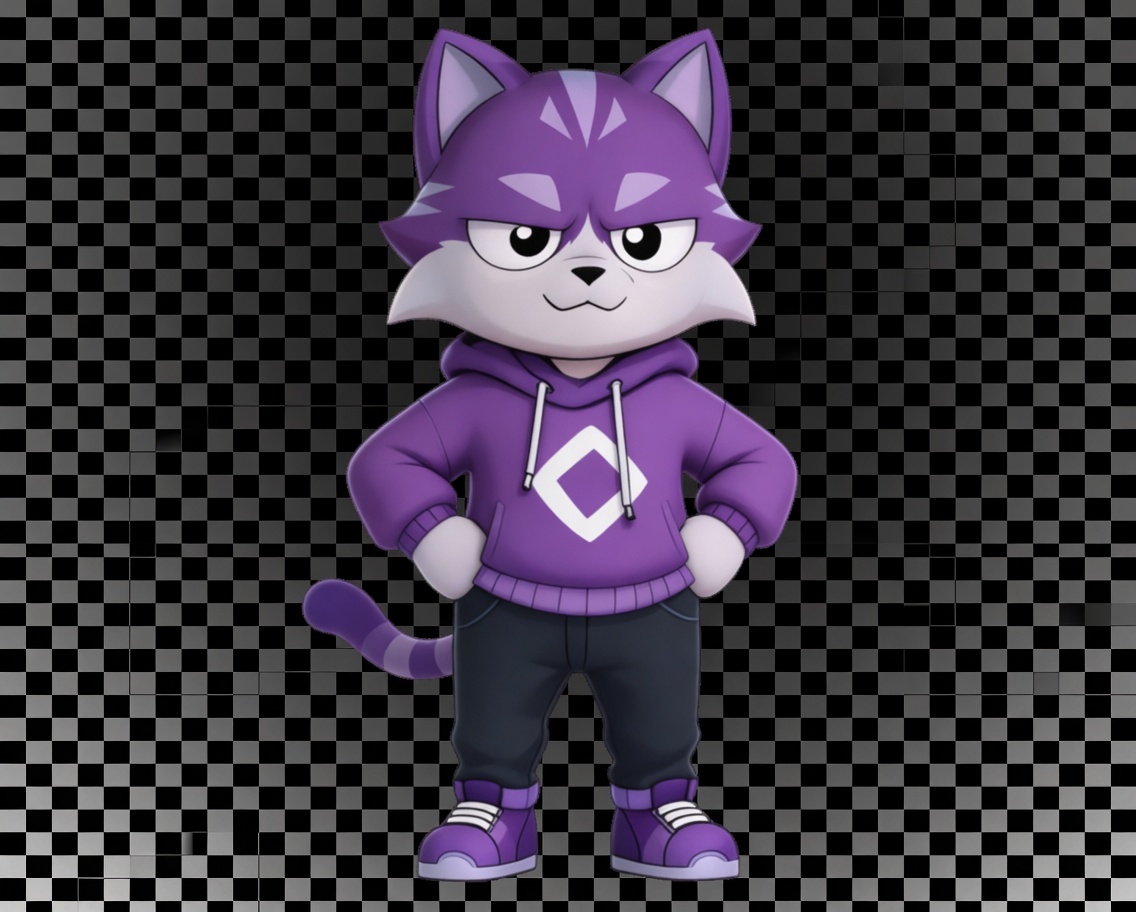 Monshi standing confidently — purple hoodie with Monad logo, hands on hips, ready to broadcast