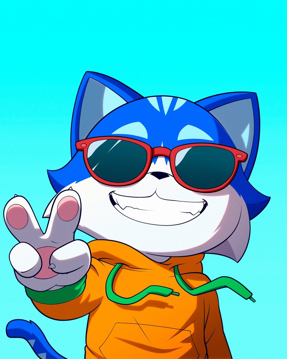 Toshi the blue cat on Base Chain — peace sign, sunglasses, orange hoodie